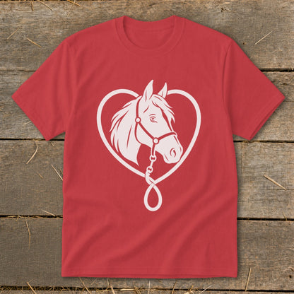 Red short-sleeve t-shirt featuring a white graphic of a horse head inside a heart outline.