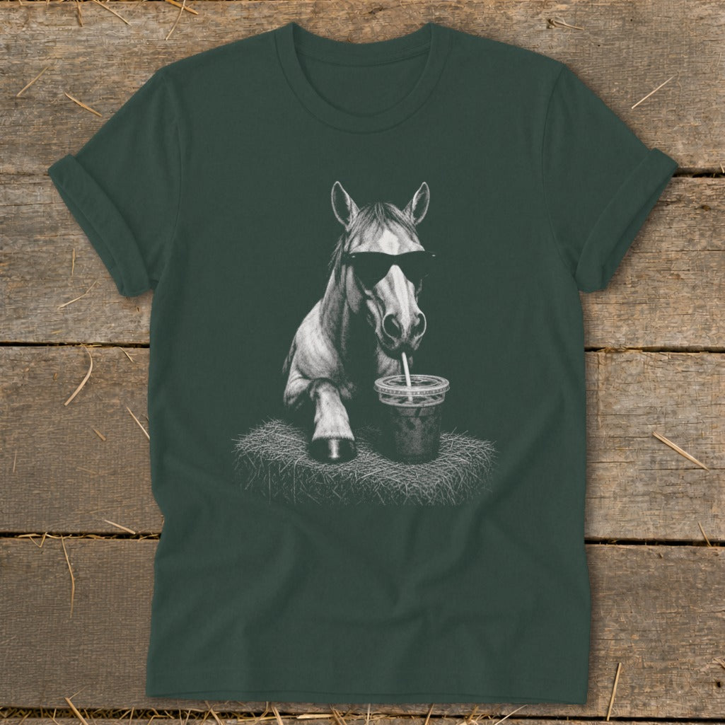 White line drawing of a horse wearing sunglasses and drinking from a cup on a dark green t-shirt.