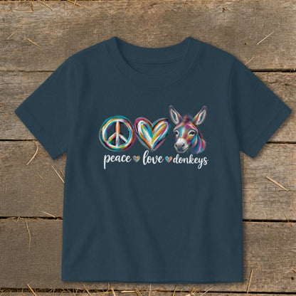 Dark blue t-shirt with peace sign, heart, and colorful donkey, text "peace love donkeys".