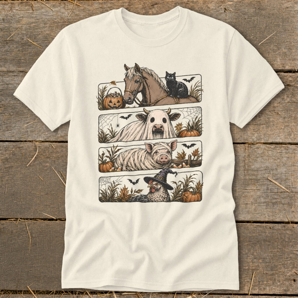 Horse with black cat, cow in sheet, pig as mummy, chicken as witch on shirt.