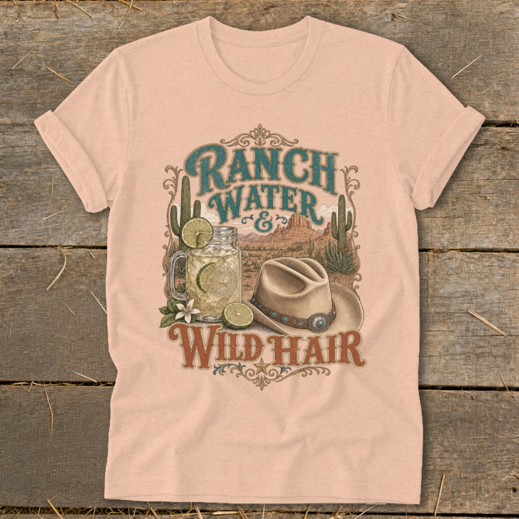 Ranch Water and Wild Hair graphic with desert landscape, drink, and hat.