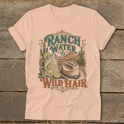 Ranch Water and Wild Hair graphic with desert landscape, drink, and hat.