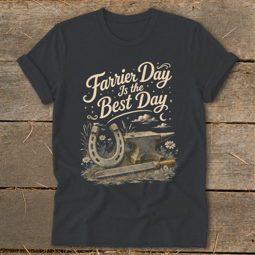 Dark gray t-shirt with "Farrier Day Is the Best Day" text, horseshoe, anvil, and rasp.