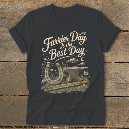 Dark gray t-shirt with "Farrier Day Is the Best Day" text, horseshoe, anvil, and rasp.
