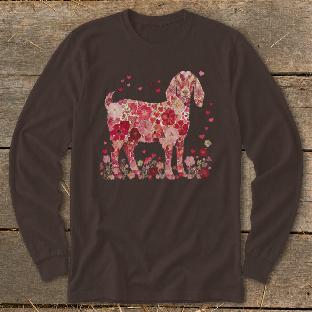 Long sleeve shirt with a goat design made of pink and red flowers.