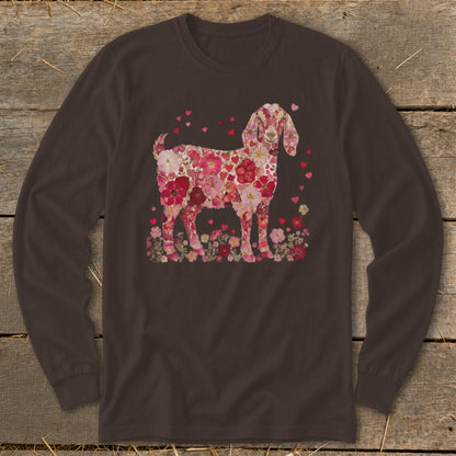 Long sleeve shirt with a goat design made of pink and red flowers.