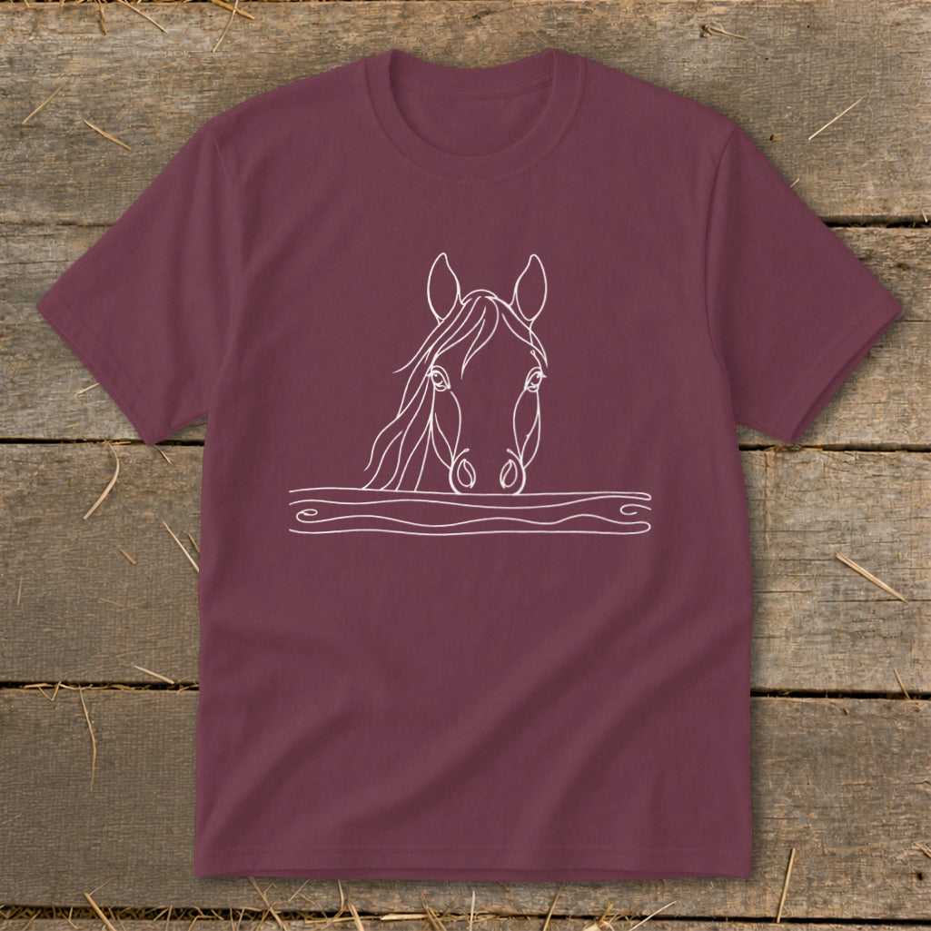 Maroon t-shirt with white line drawing of a horse's head emerging from a horizontal line.