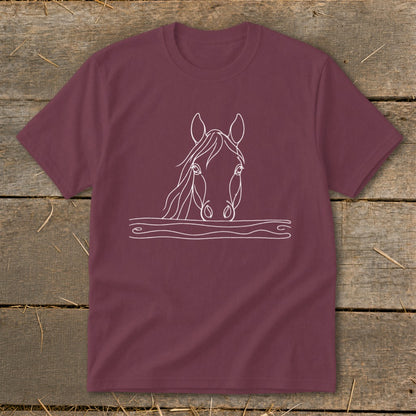 Maroon t-shirt with white line drawing of a horse's head emerging from a horizontal line.
