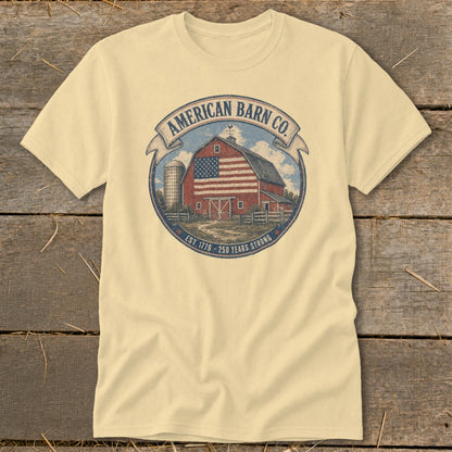 Yellow t-shirt with American Barn Co. logo featuring a barn with American flag motif.