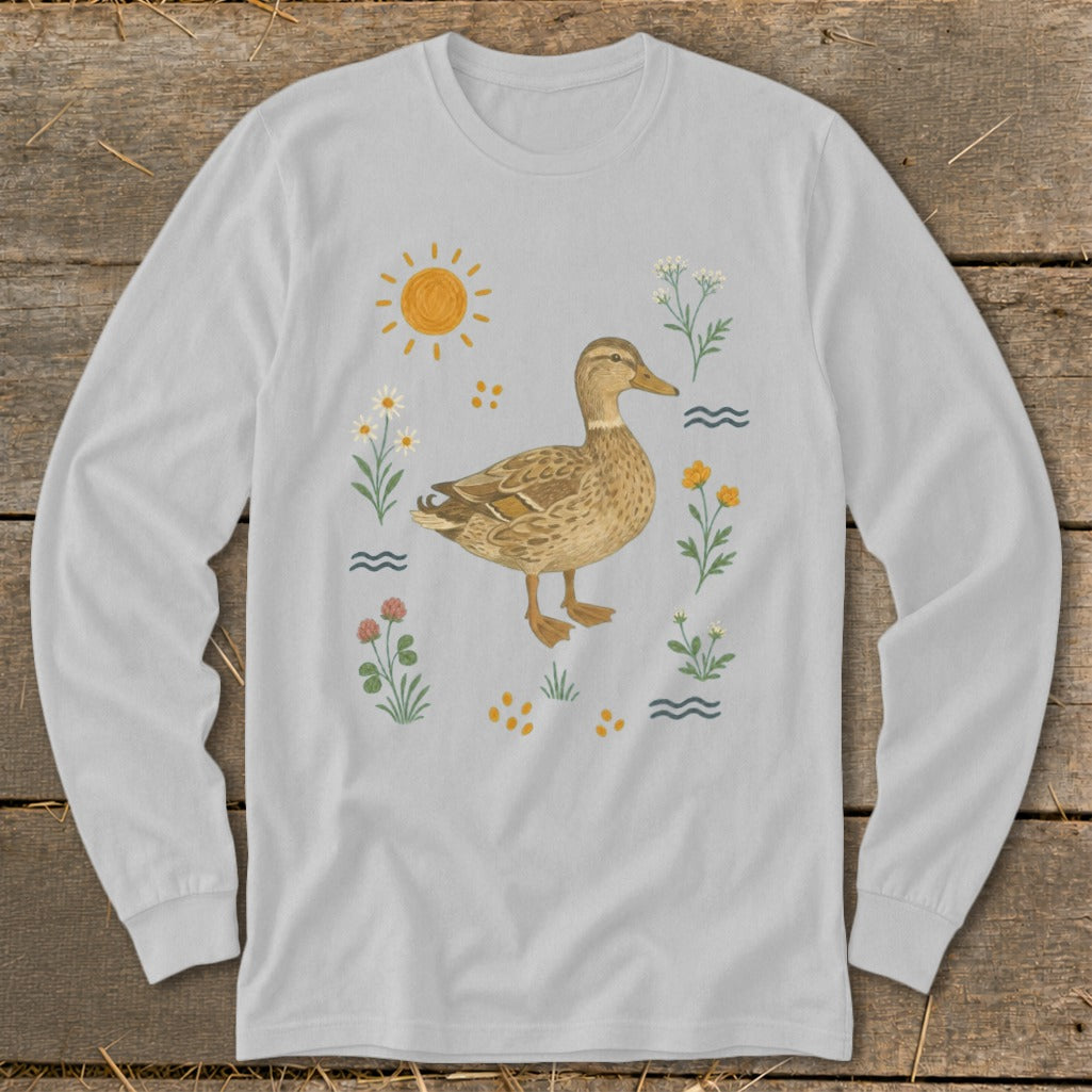 Long-sleeve shirt with a mallard duck and floral sun graphic.
