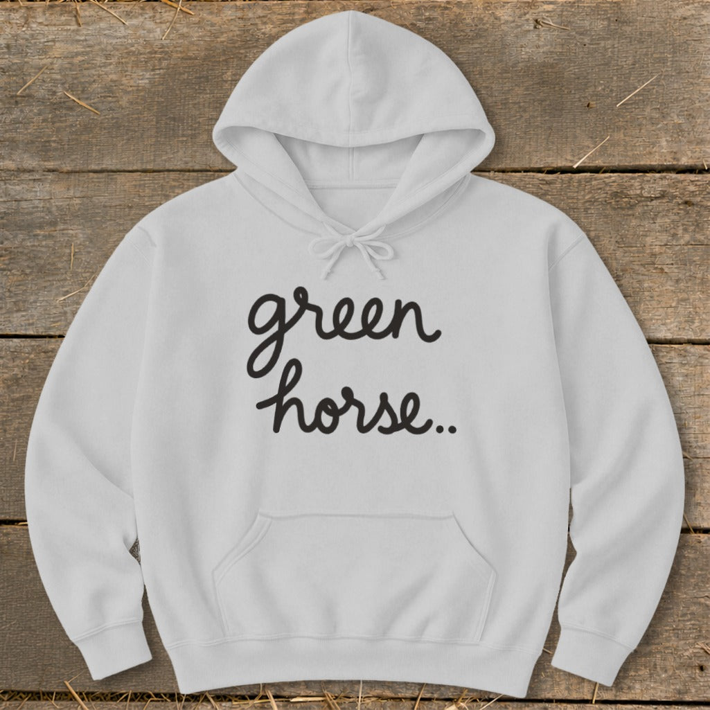 White hoodie with black cursive text "green horse..".