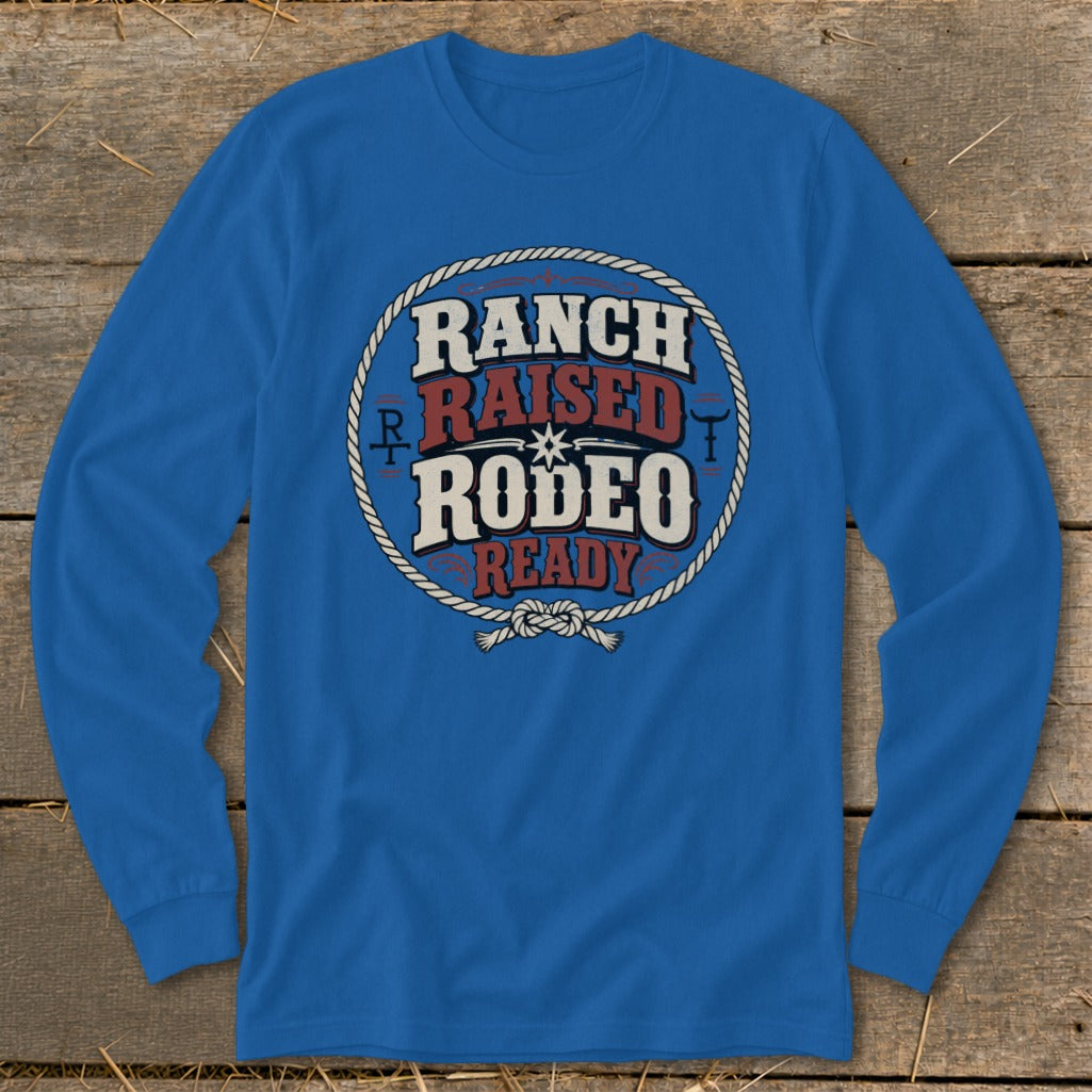 Blue long-sleeve shirt with "Ranch Raised Rodeo Ready" graphic inside a rope circle.