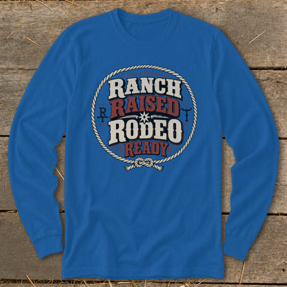 Blue long-sleeve shirt with "Ranch Raised Rodeo Ready" graphic inside a rope circle.