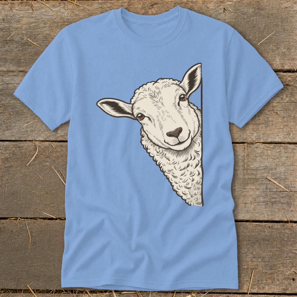 Light blue t-shirt with a peeking sheep graphic on the front.