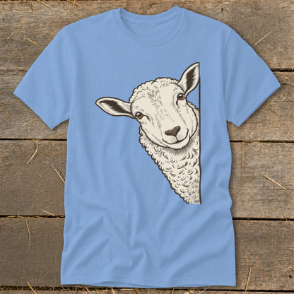 Light blue t-shirt with a peeking sheep graphic on the front.