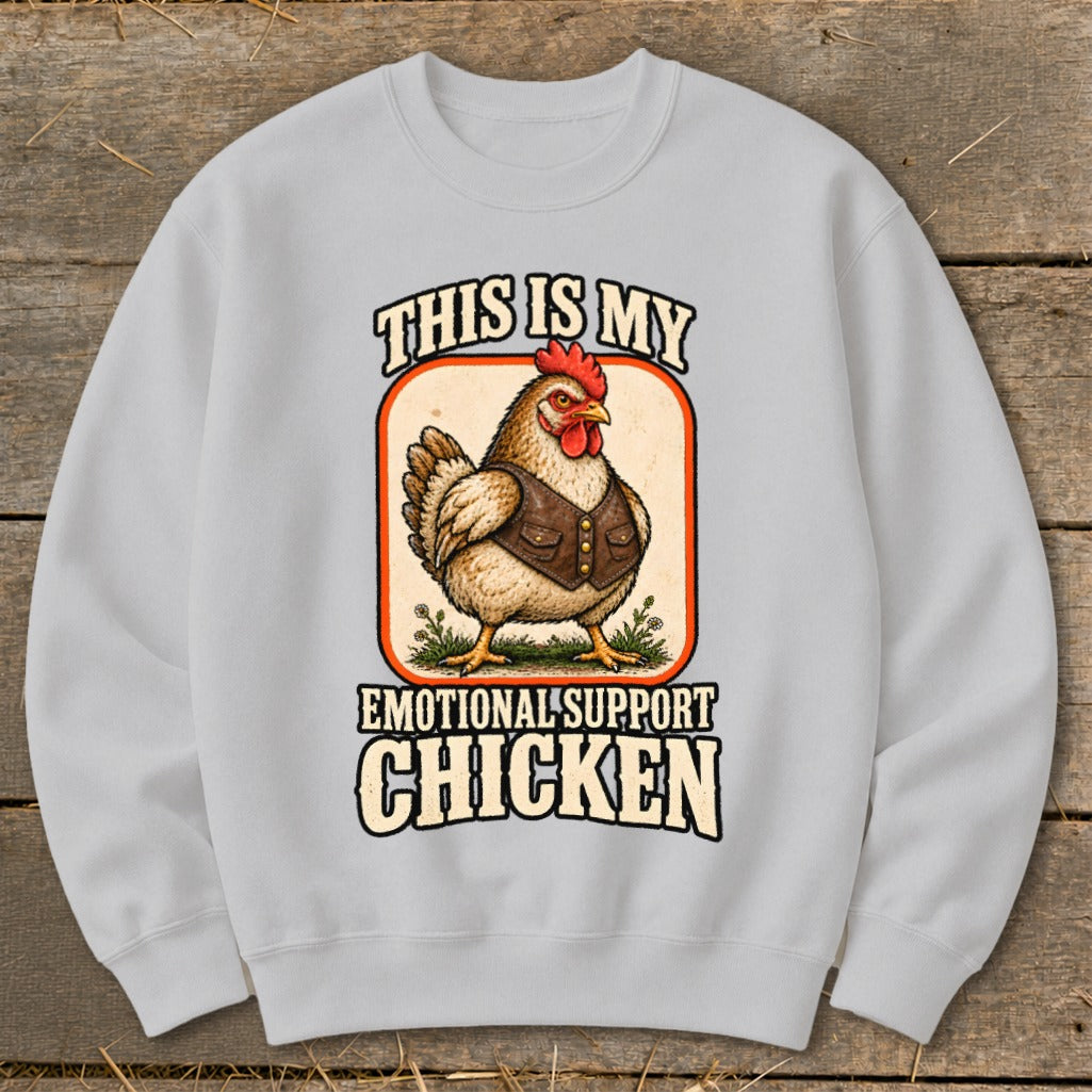 Light gray sweatshirt with "This is my Emotional Support Chicken" graphic.
