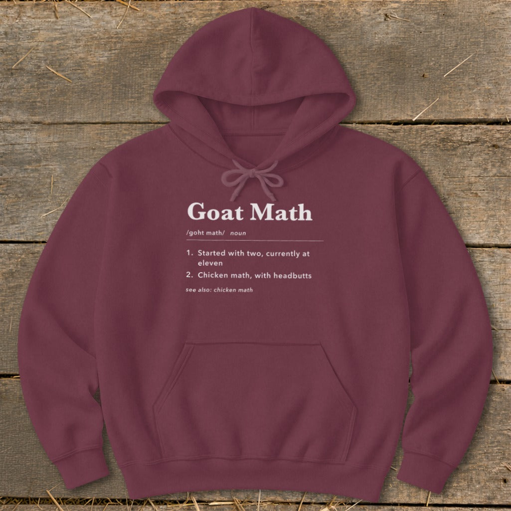 Maroon hoodie with "Goat Math" definition printed on the front.