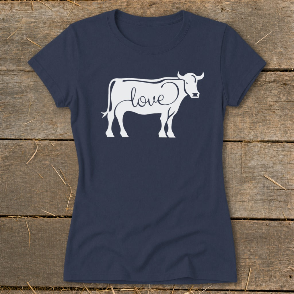 Navy t-shirt with a white outline of a cow with "love" written inside.
