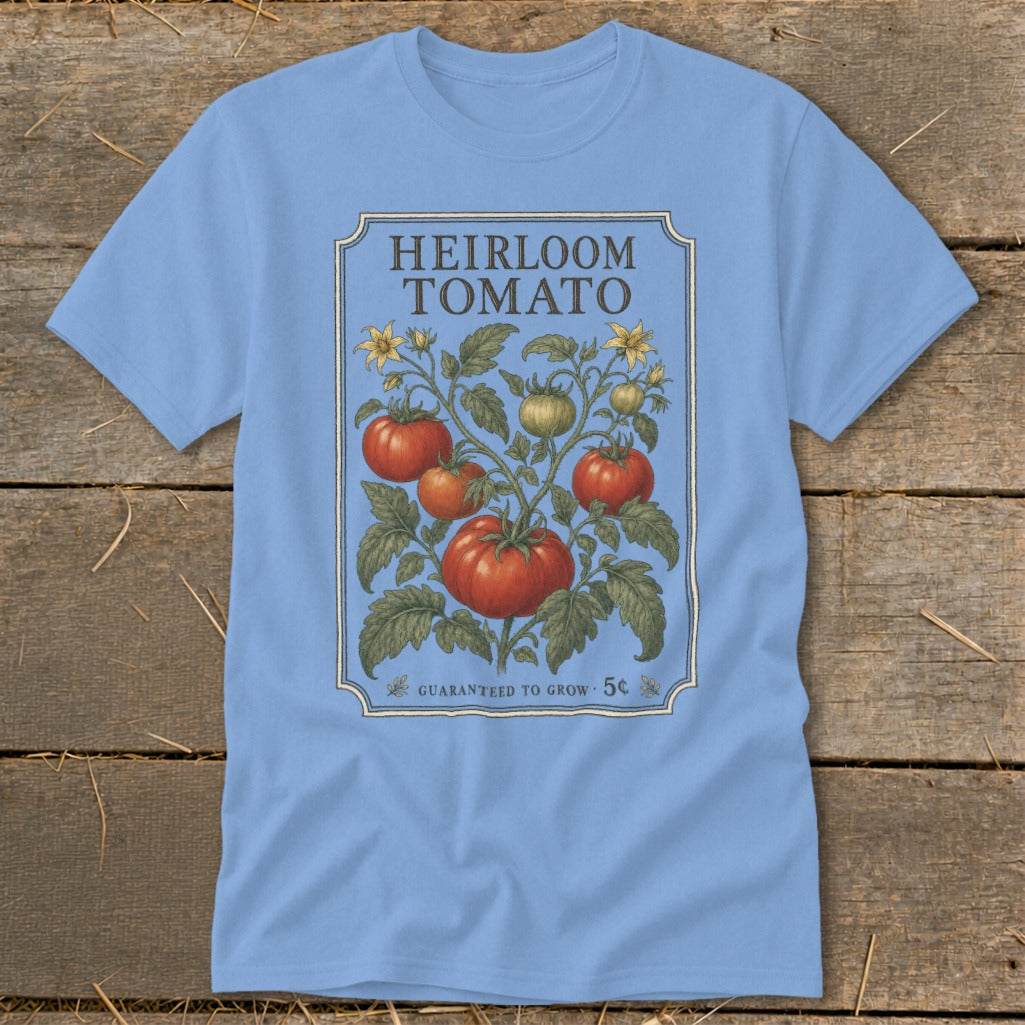 Light blue t-shirt with a vintage heirloom tomato plant illustration and text.