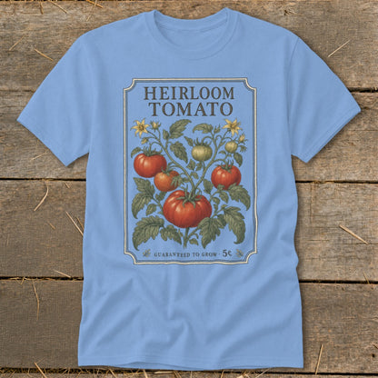 Light blue t-shirt with a vintage heirloom tomato plant illustration and text.