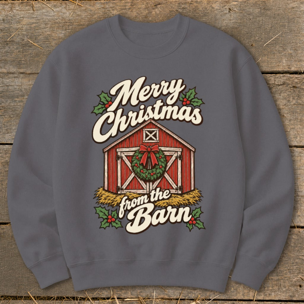 Merry Christmas from the Barn graphic on a dark gray sweatshirt.
