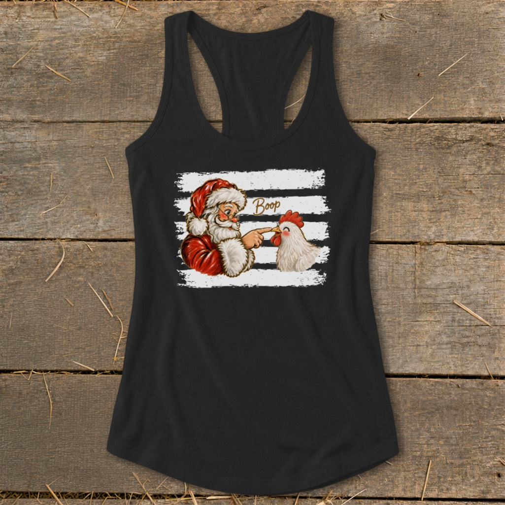 Santa booping a chicken with the word "Boop" on a black tank top.
