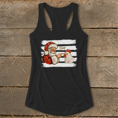 Santa booping a chicken with the word "Boop" on a black tank top.