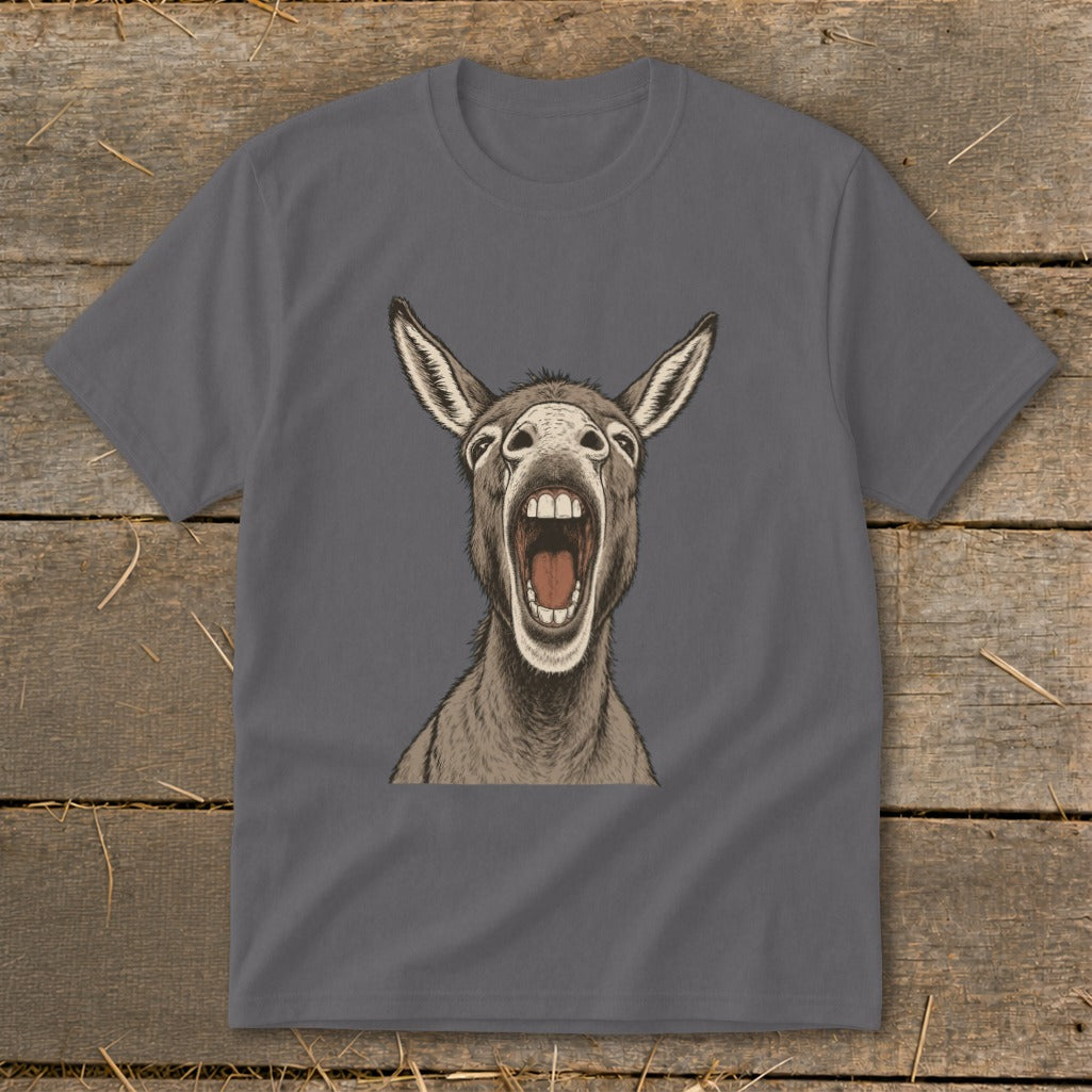 T-shirt with a drawing of a donkey's head with its mouth wide open.