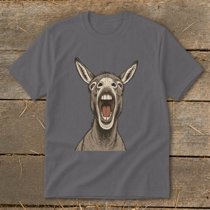 T-shirt with a drawing of a donkey's head with its mouth wide open.