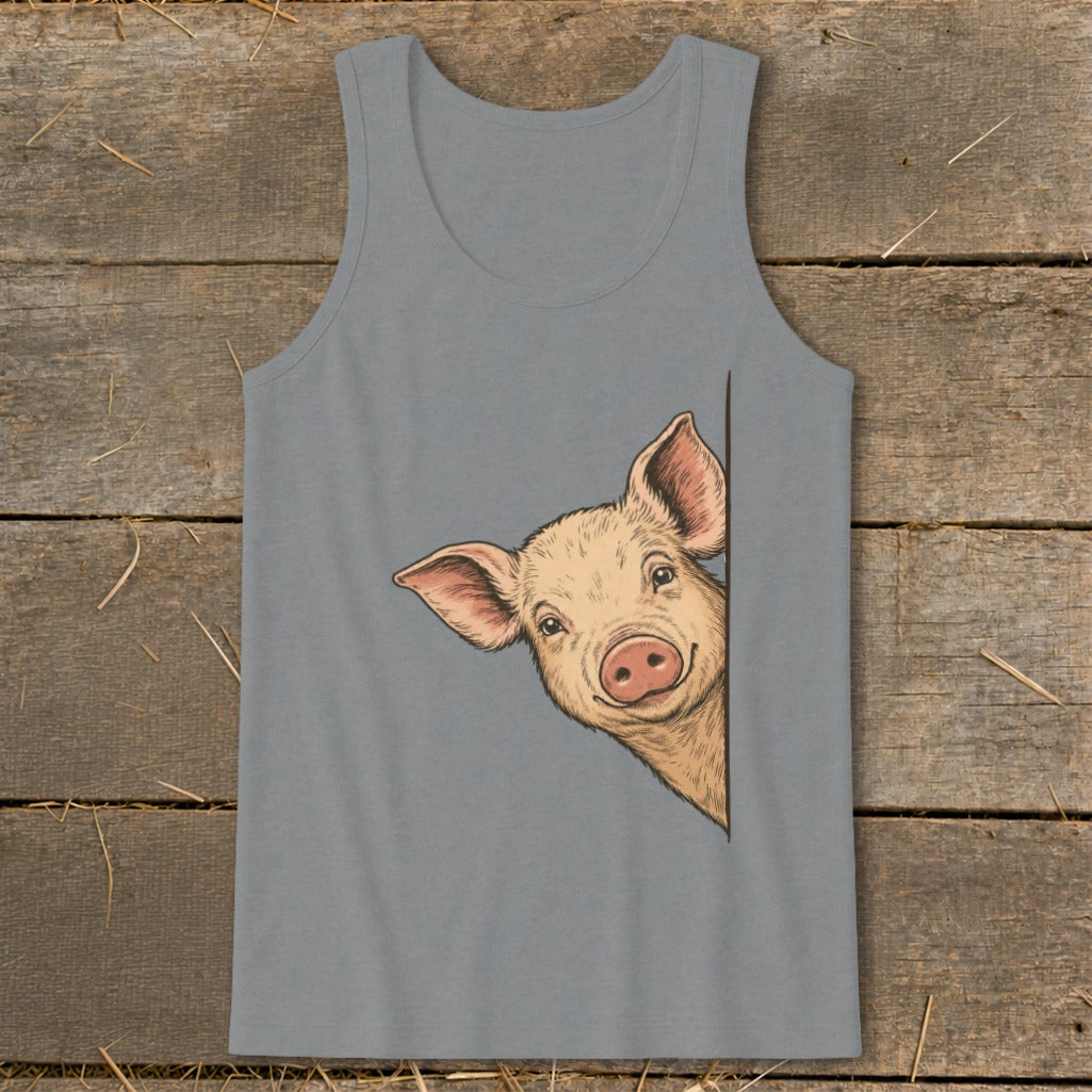 Gray tank top with a drawing of a smiling pig peeking from the side.