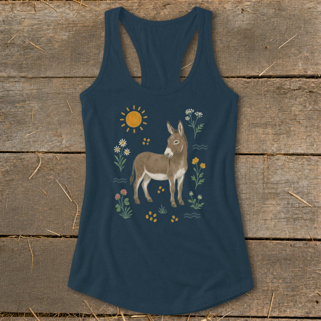 Dark blue tank top with a donkey illustration surrounded by flowers and a sun.