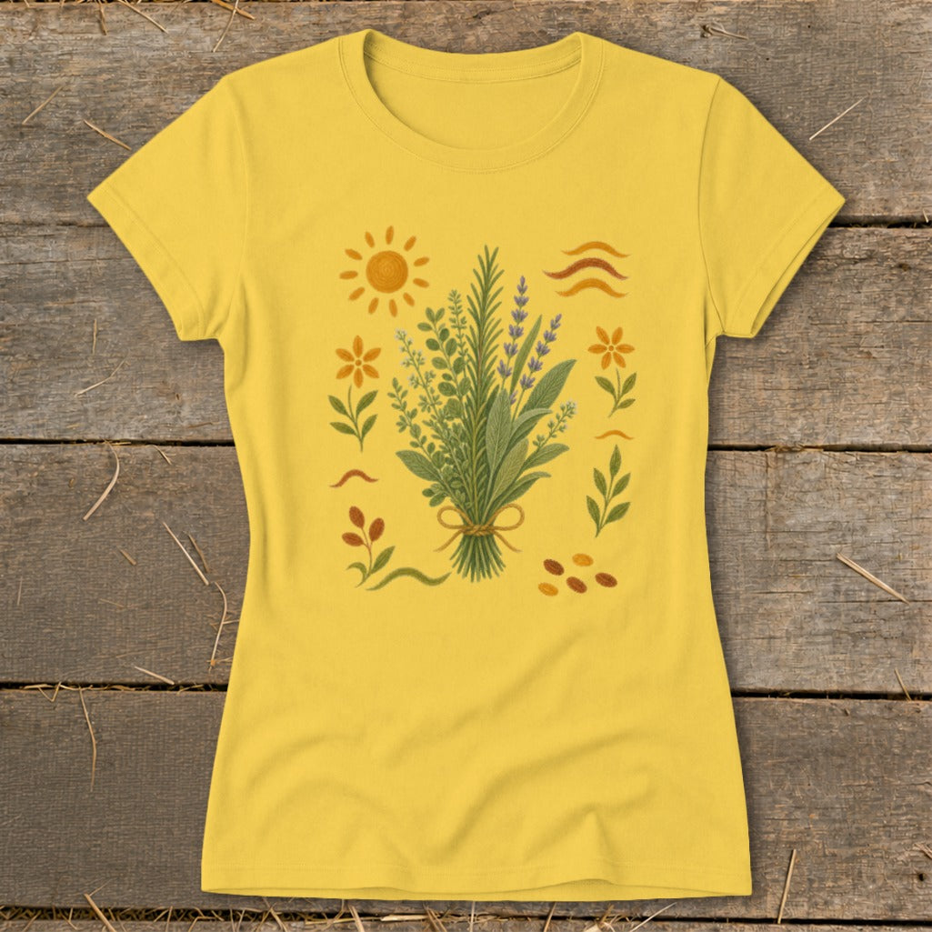 Yellow t-shirt with a bouquet of herbs and floral illustrations and a sun.