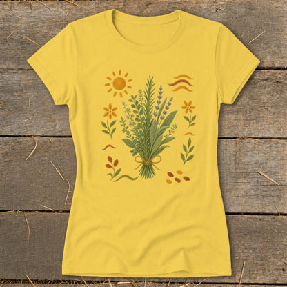 Yellow t-shirt with a bouquet of herbs and floral illustrations and a sun.