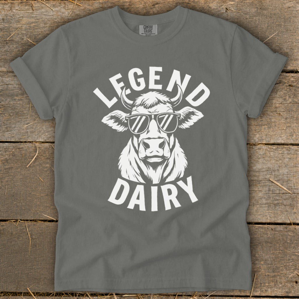 T-shirt with white graphic of cow wearing sunglasses and text "LEGEND DAIRY".