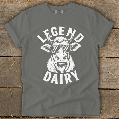 T-shirt with white graphic of cow wearing sunglasses and text "LEGEND DAIRY".