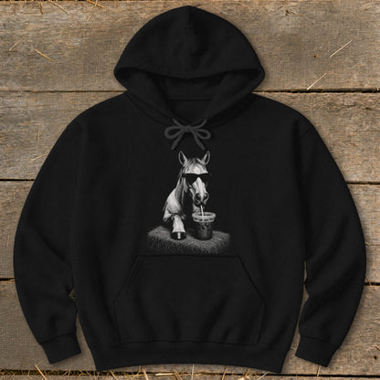 Black hoodie with a horse wearing sunglasses drinking from a cup.