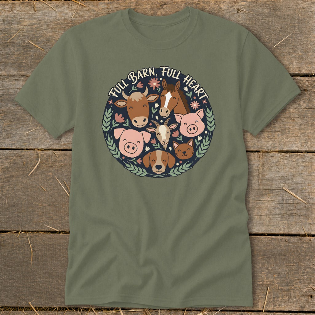 Olive green t-shirt with "FULL BARN, FULL HEART" text and farm animals in circle.