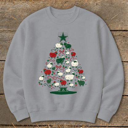 Gray sweatshirt with a Christmas tree made of various colored sheep and festive accents.