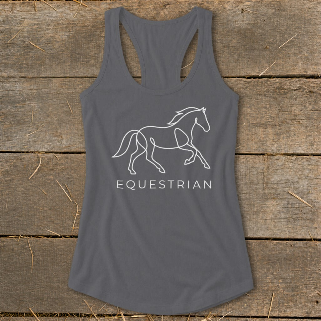 Gray tank top with white line art of a running horse and the word EQUESTRIAN.