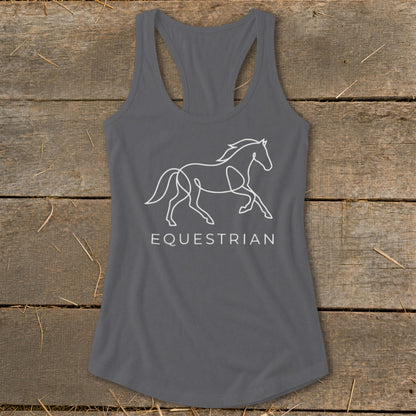 Gray tank top with white line art of a running horse and the word EQUESTRIAN.
