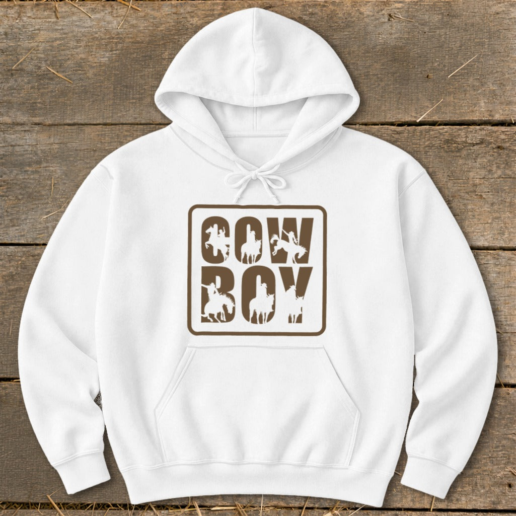White hoodie with "Cowboy" text and silhouette cowboys on horseback.