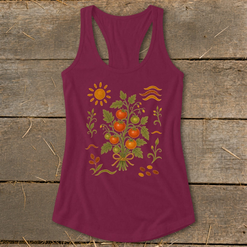 Maroon tank top with a tomato plant illustration, sun, and wavy lines.