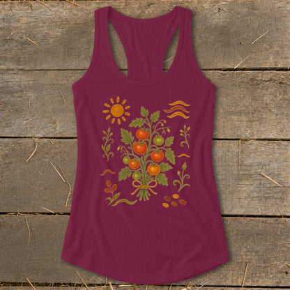 Maroon tank top with a tomato plant illustration, sun, and wavy lines.