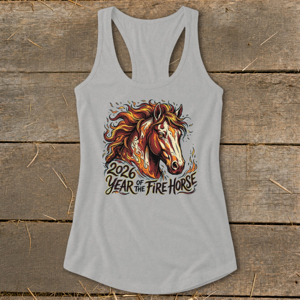 Gray tank top with a fiery horse graphic and "2026 Year of the Fire Horse" text.