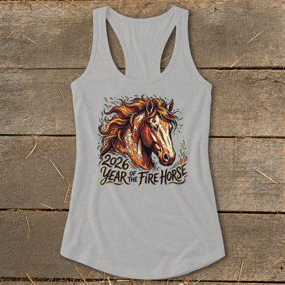 Gray tank top with a fiery horse graphic and "2026 Year of the Fire Horse" text.