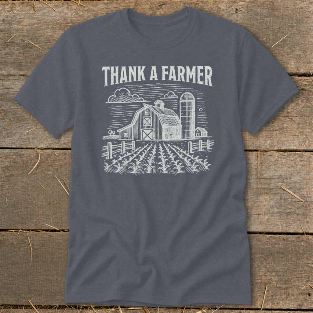 Gray t-shirt with "Thank A Farmer" text and a barn and cornfield sketch.