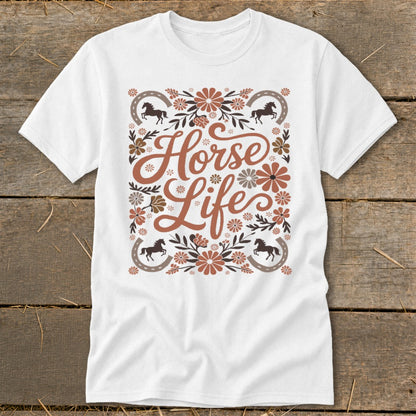 White t-shirt with "Horse Life" text and equestrian floral design.