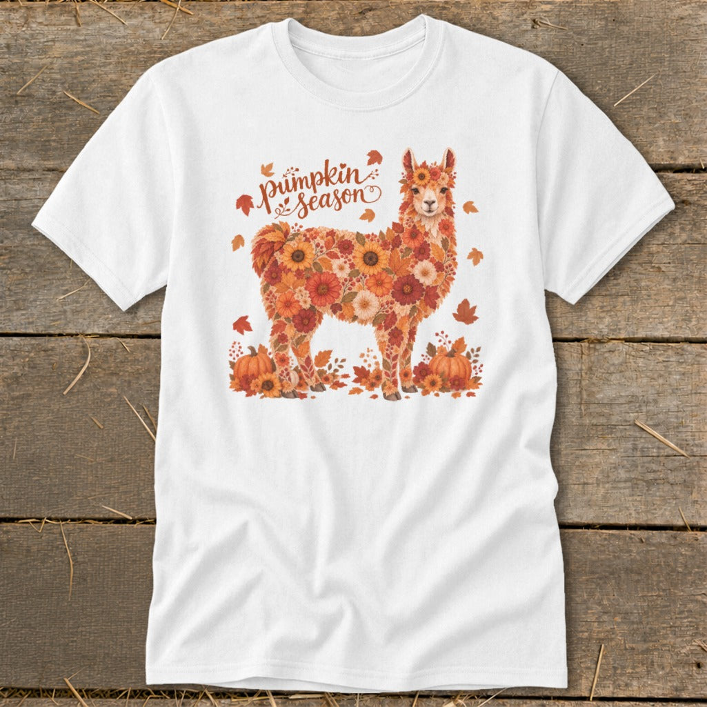 White t-shirt with a llama made of autumnal flowers and leaves, "pumpkin season" text.