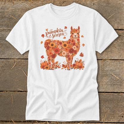 White t-shirt with a llama made of autumnal flowers and leaves, "pumpkin season" text.