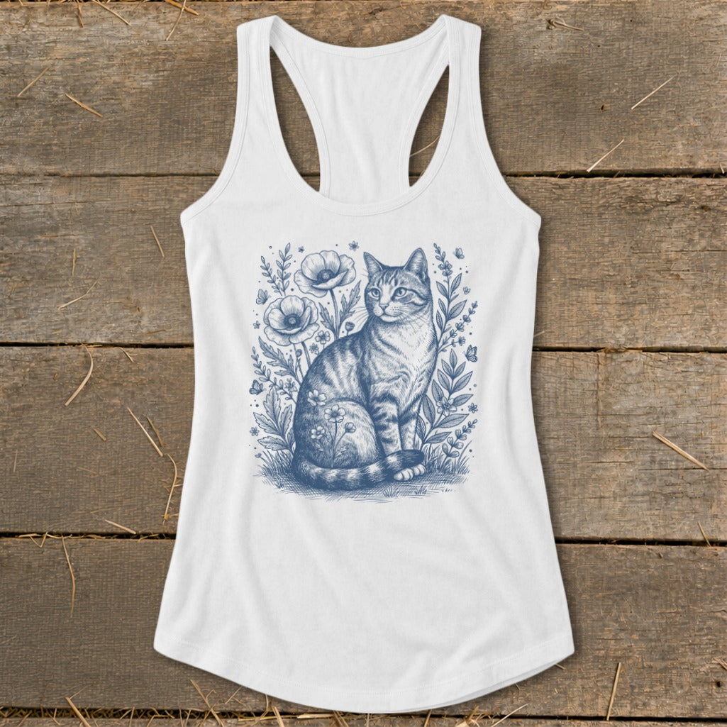 White tank top with a blue sketch of a cat surrounded by flowers and butterflies.